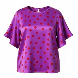 MNG Mango Purple Red Polka Dot Blouse XL Women Flutter Sleeve Lightweight Top